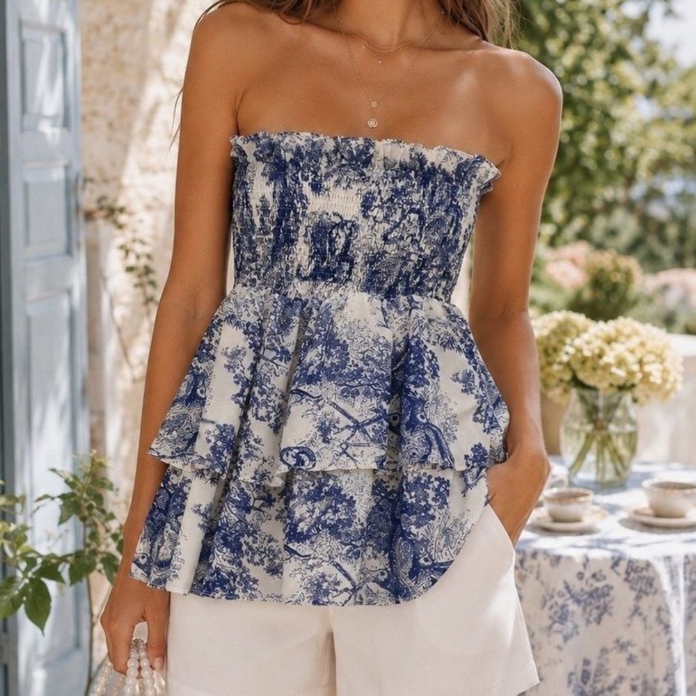 Aqua Toile Strapless Smocked Tiered Peplum Tube Top Size M Blue White Boho Euro